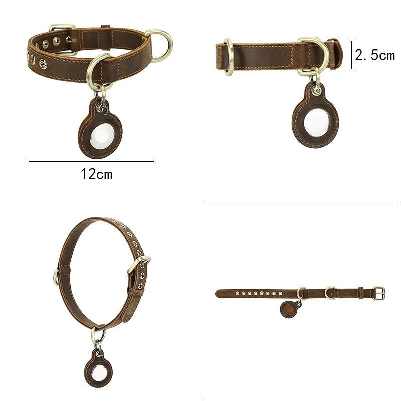 Brown handmade double-sided cowhide dog collar showing halter positioning and tracking features