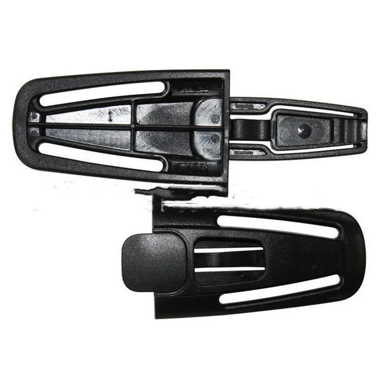 Black PA66 nylon seat belt clip for child car seat harness measuring 14.5cm by 4cm
