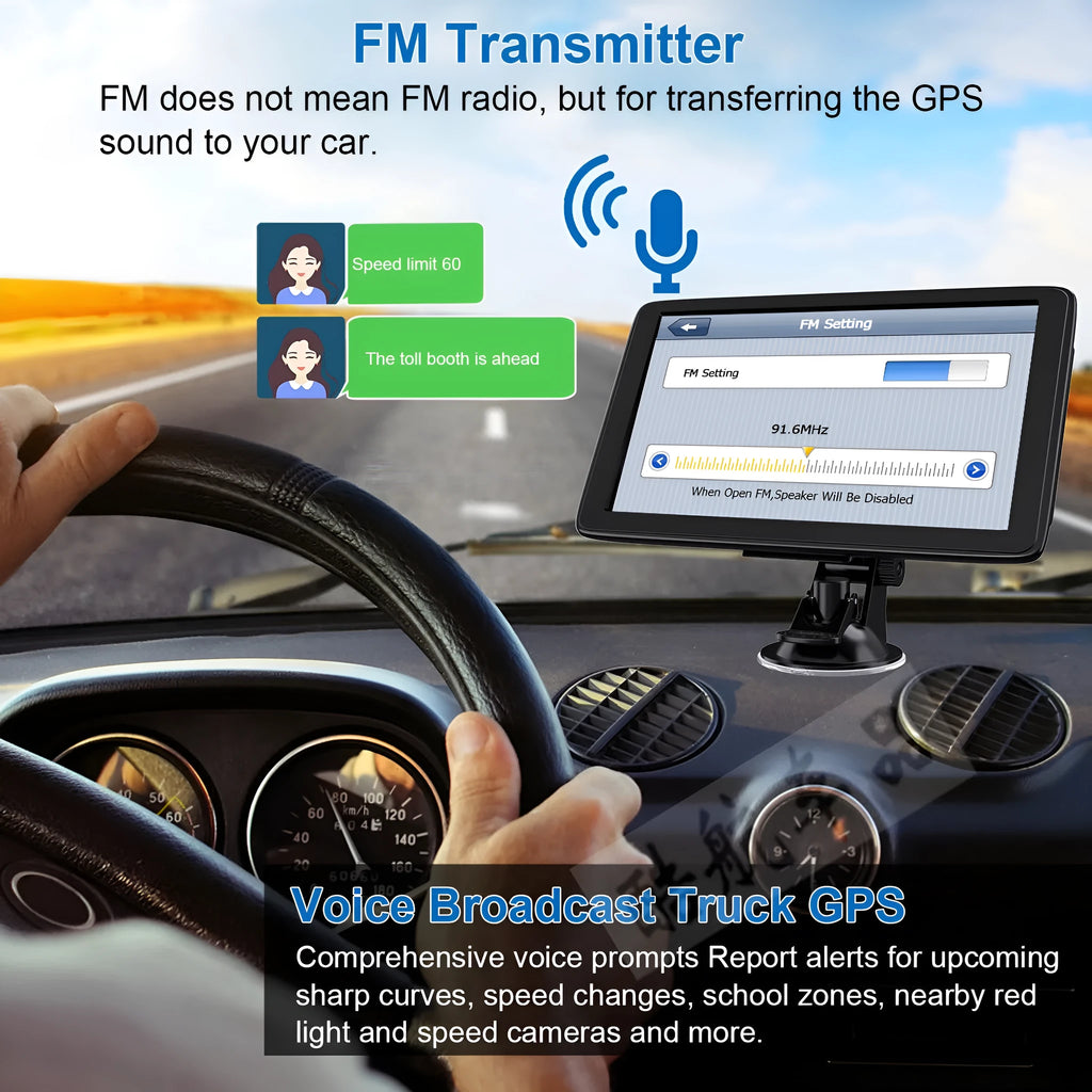 7-inch car GPS navigation device with touch screen display showing map route guidance