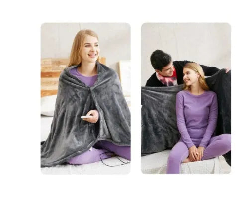 Dark grey USB heated flannel blanket showing soft coral fleece texture and attached USB cable