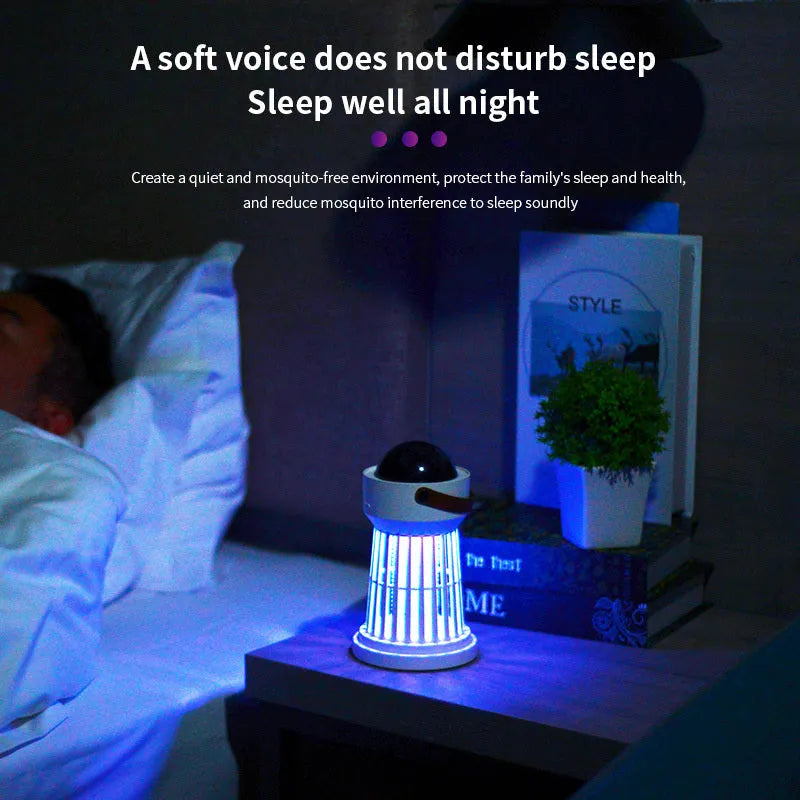 White electric mosquito killer lamp with star projection feature and a folding carry handle.