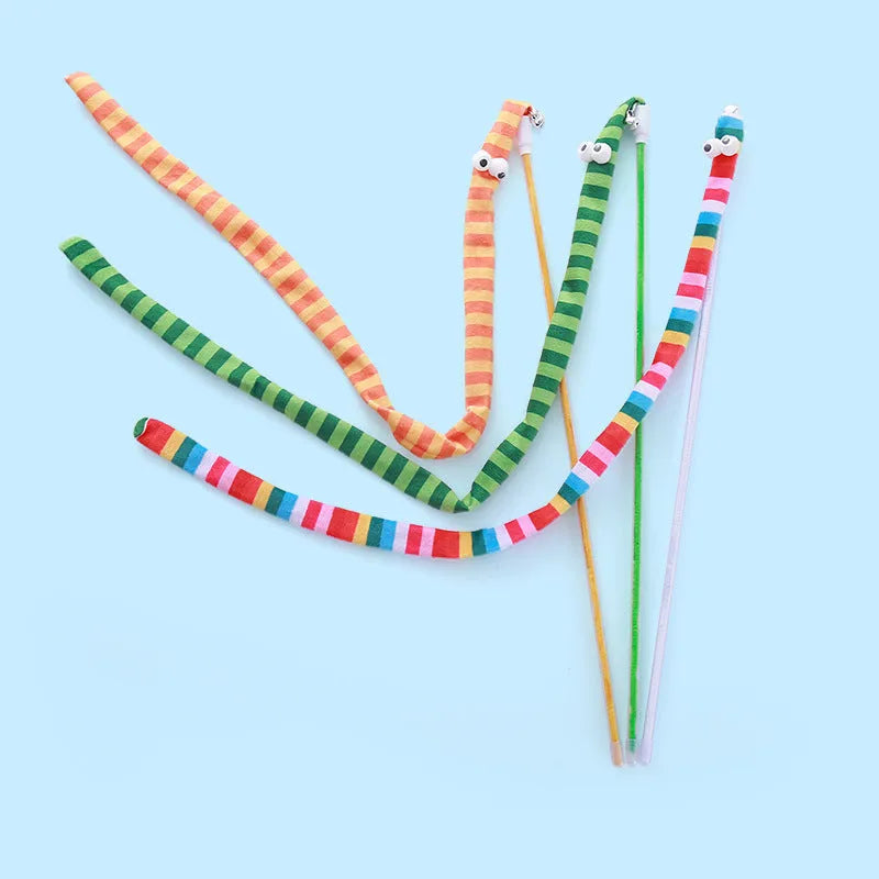 Green cat tease wand with a long plush strip and bell for interactive indoor play