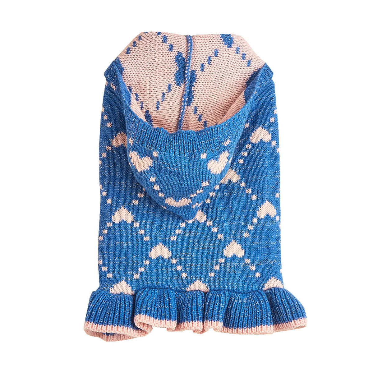 Small dog knit hoodie dress sweater with heart design in blue, gray, pink, or red, sizes XS to L