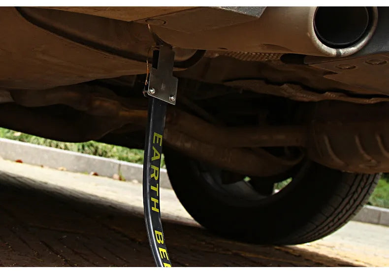 Black 370mm long car electrostatic grounding belt with rubber casing and metal clamp for vehicle static discharge.