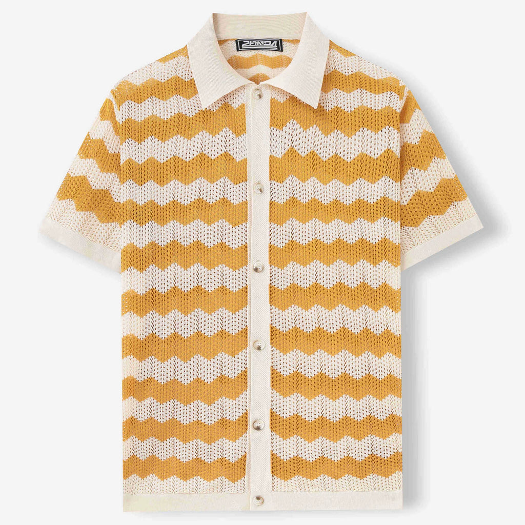 Blue American-style corrugated short-sleeved sweater with jacquard texture on a hanger.