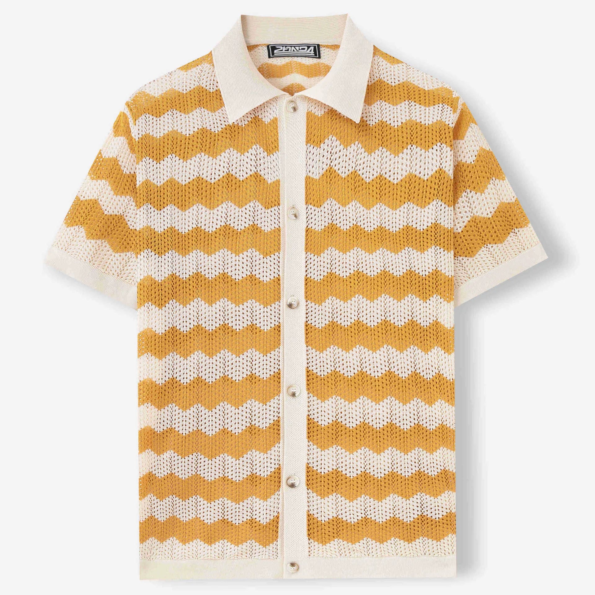 Blue American-style corrugated short-sleeved sweater with jacquard texture on a hanger.