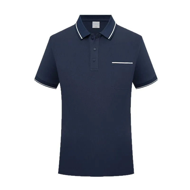 Short sleeve lapel collar polo shirt in spandex with a chest pocket, shown in apricot colour.