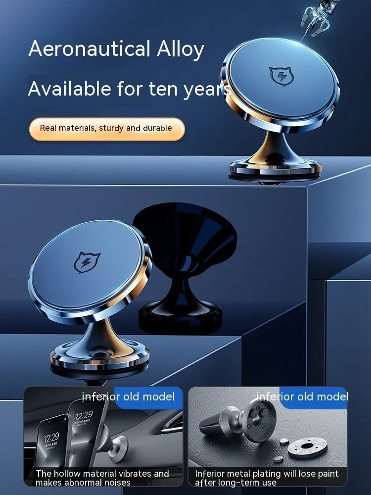 Shiny black magnetic car phone holder with adhesive dashboard mount on a car interior.