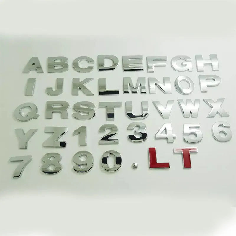 Zinc alloy metal car bumper sticker showing 2.5cm raised English letter design
