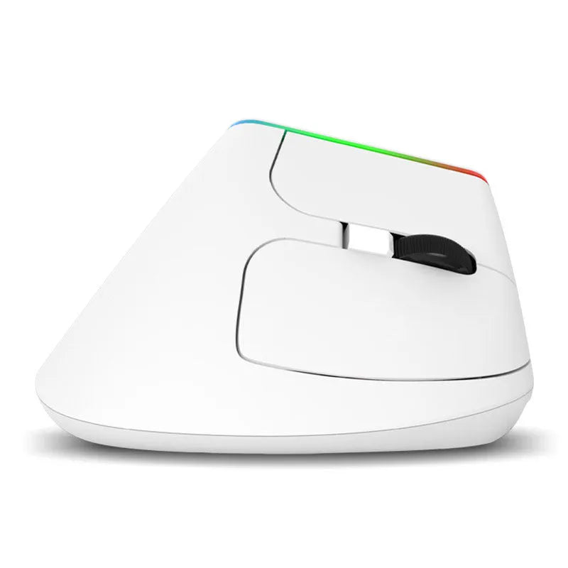 Black and white M618C wireless vertical ergonomic mouse with RGB lighting, shown from the side.