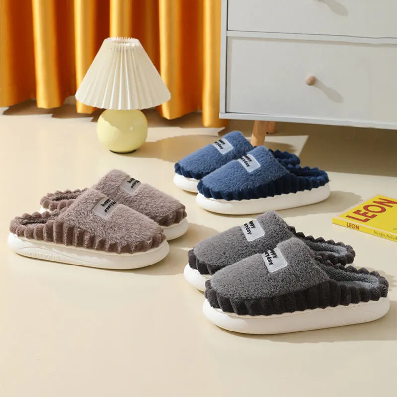 Men's thick-soled slip-on house slippers with fluffy fleece, suede upper and non-slip PVC sole