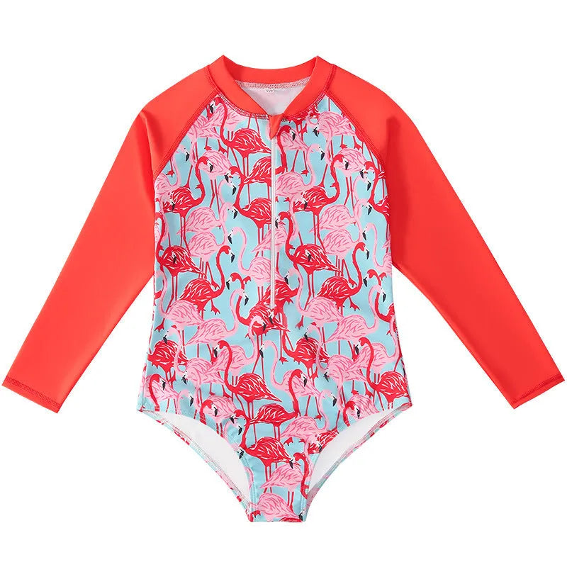 Girl's long-sleeve one-piece swimming suit in polyester fabric on a mannequin, showing briefs style.