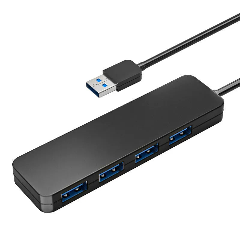 Black USB 3.0 hub with four ports, a 30cm cable, and LED indicator lights.