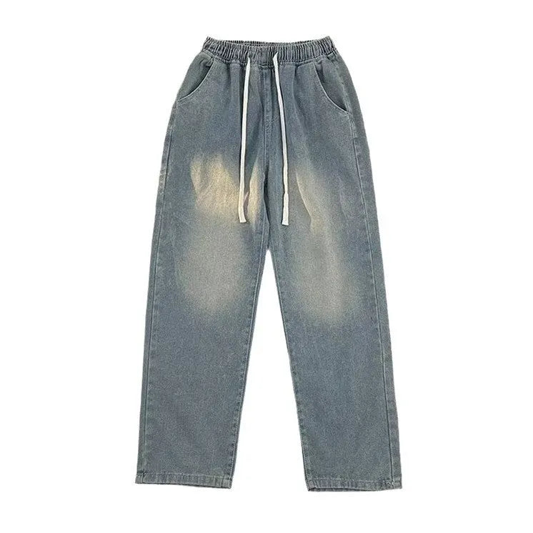 Men's blue straight-leg denim trousers with drawstring waist for casual spring summer wear