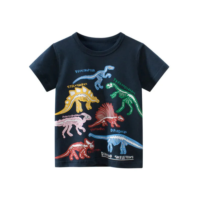 Short-sleeved dinosaur cartoon T-shirt in Noble Blue for toddlers, cotton summer clothing