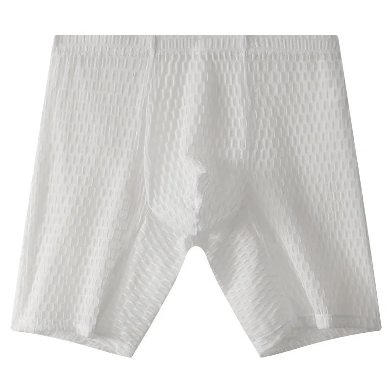 Men's white lace boxer shorts showing lengthened cut and mid-waist design on a neutral background.