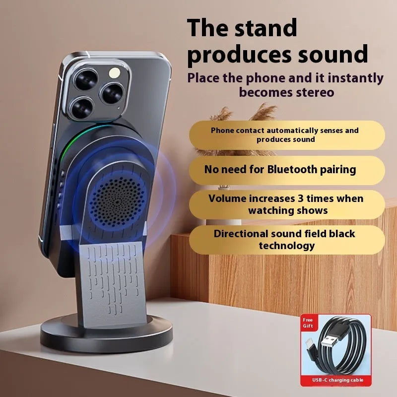 Three-in-one wireless induction speaker and Bluetooth phone bracket in black or white, with built-in battery and USB cable