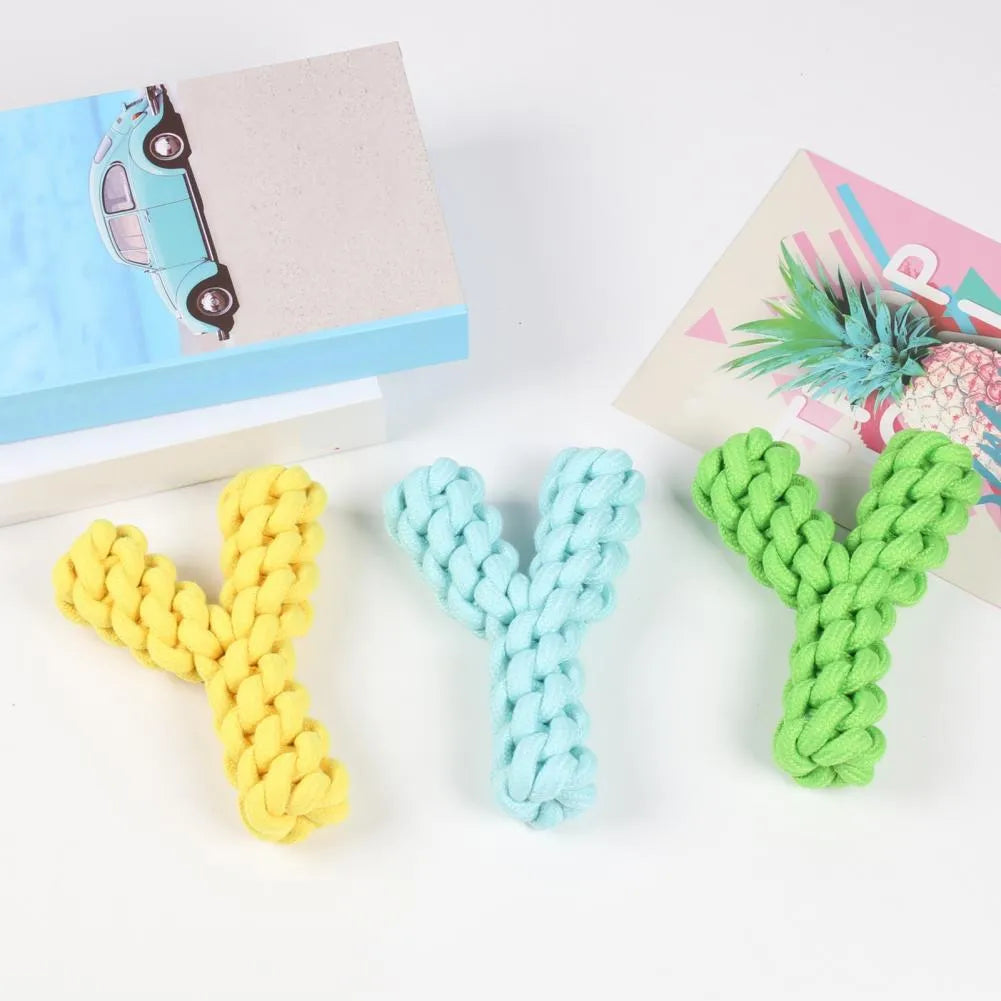 Y-shaped cotton rope dog toy for large dogs in blue, green, or yellow colours