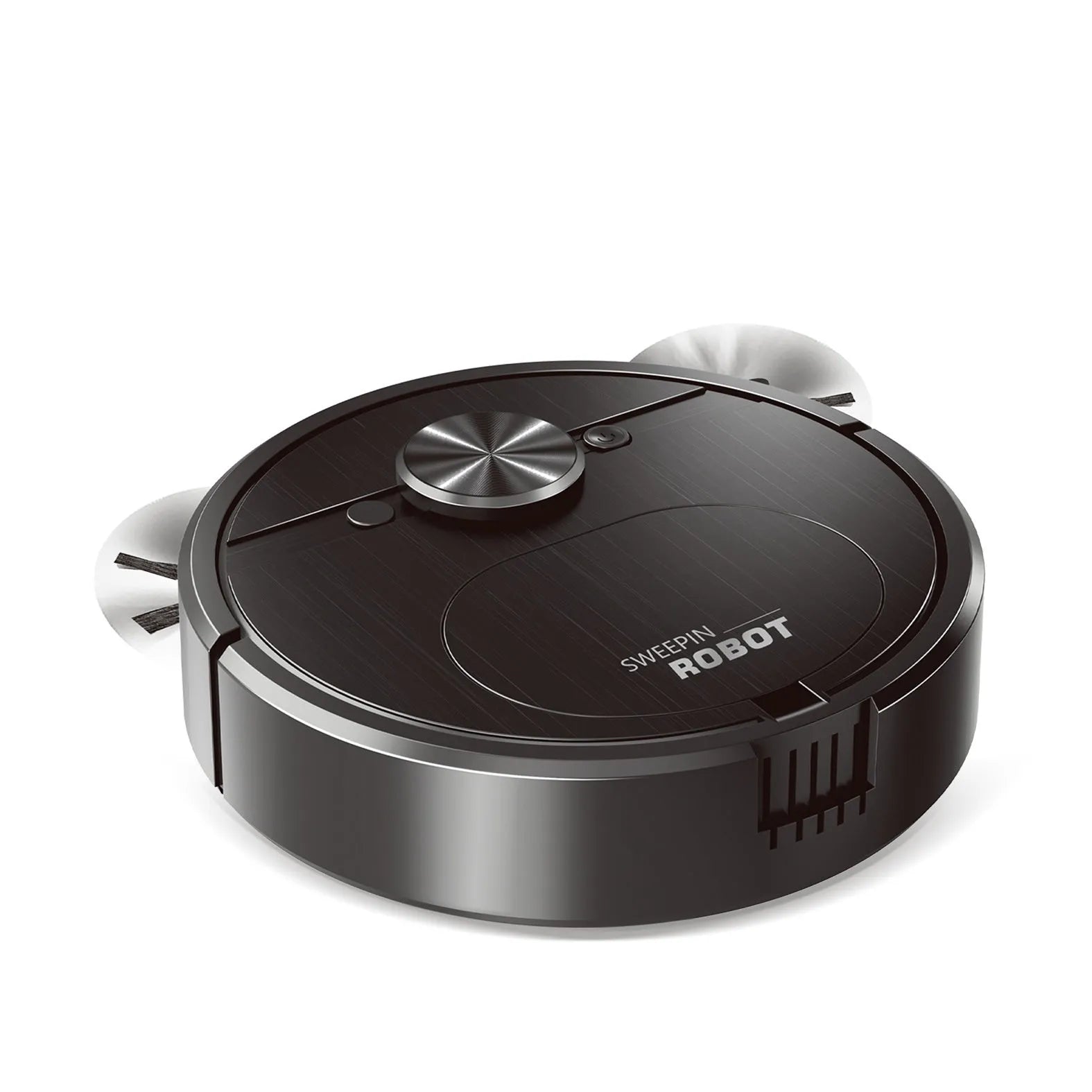 Black and white three-in-one robot vacuum cleaner with USB charging cable and cleaning accessories