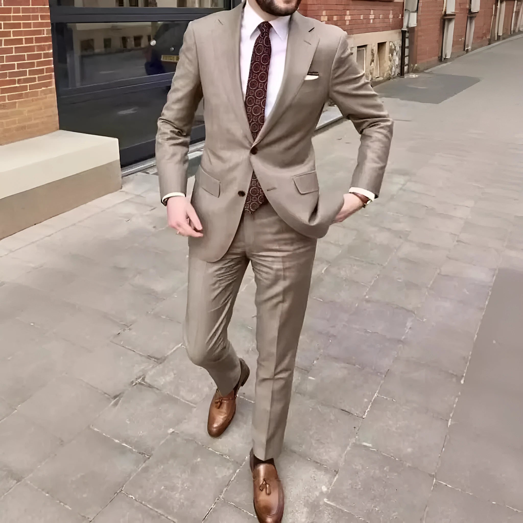 Men's slim fit acetate fibre business suit in multiple colour options with two-button jacket and matching trousers