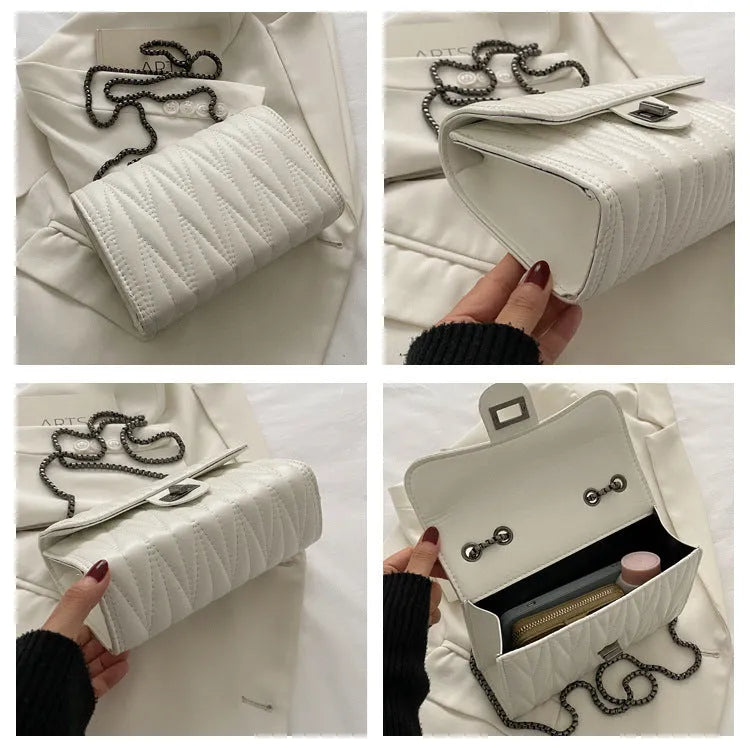 Small textured diamond pattern women's PU bag in a horizontal square shape with a single shoulder strap.