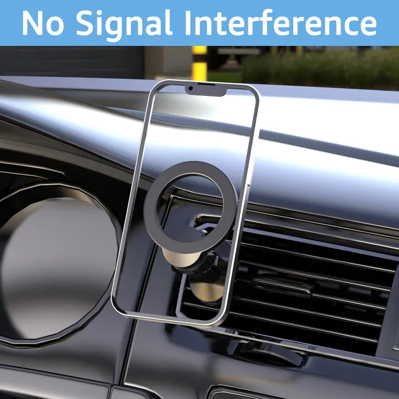 Black magnetic car air vent phone holder with O-ring for phones under 6.8 inches.
