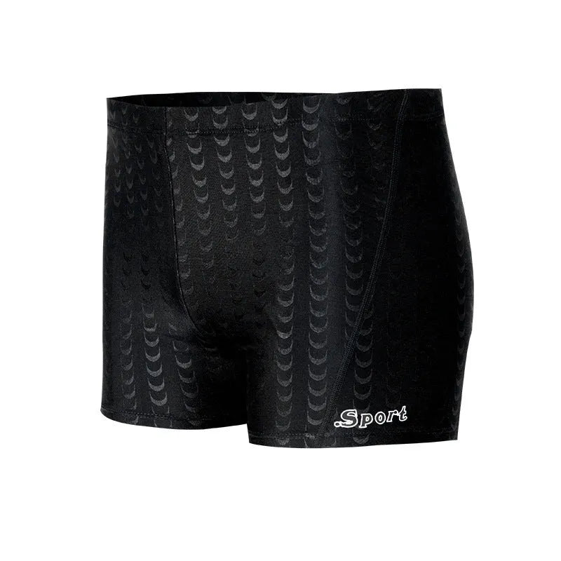 Men's solid colour waterproof polyester swimming trunks on a size chart showing XL, XXL, 3XL, 4XL.