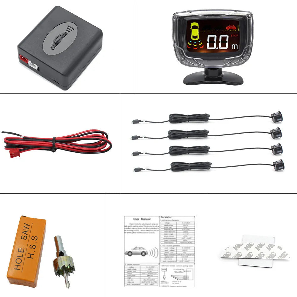 Wireless vehicle reversing sensor kit with main unit, LED display, and four ultrasonic probes.