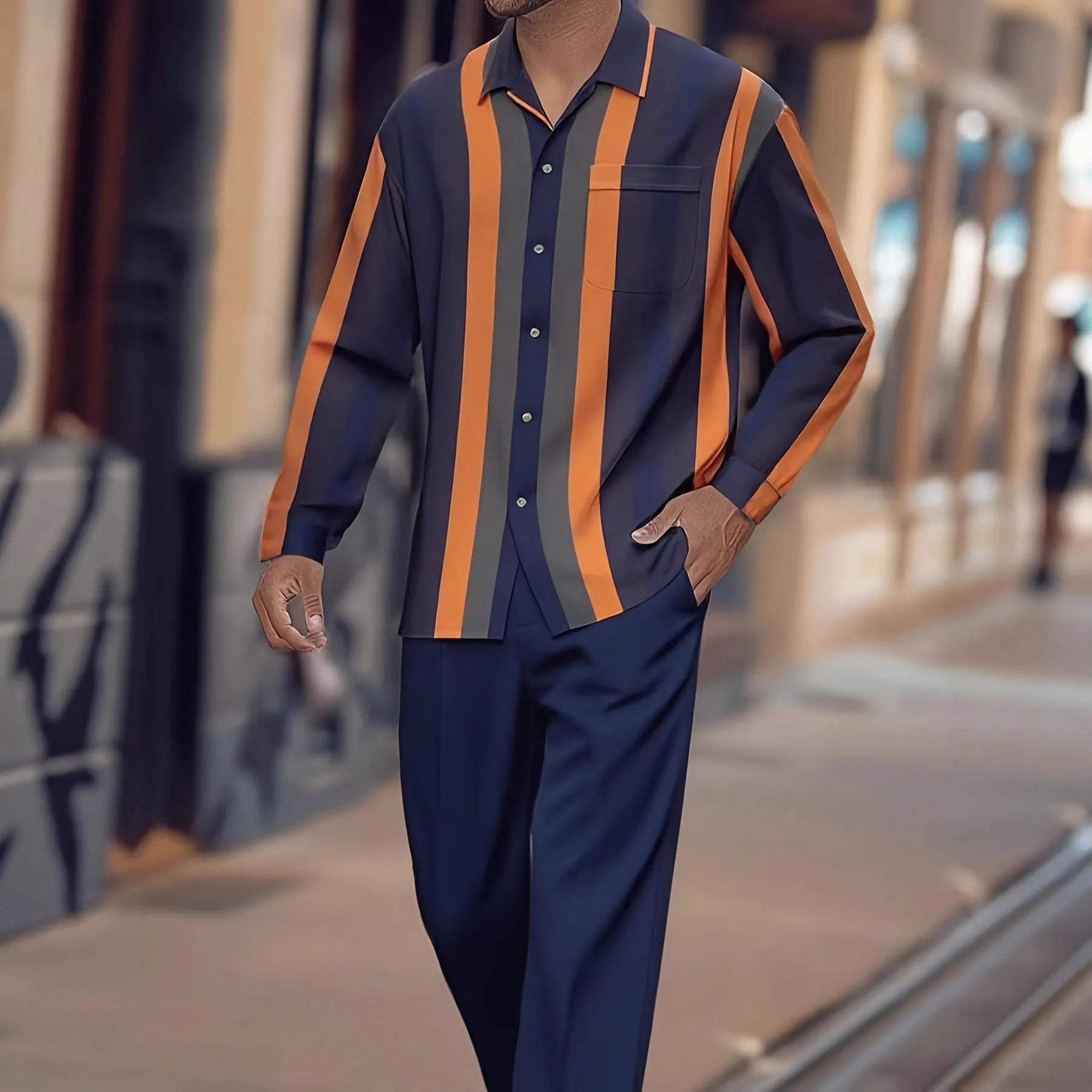 Men's print striped suit set with long sleeve blazer and trousers in polyester fabric, multiple colour options, Asian sizing