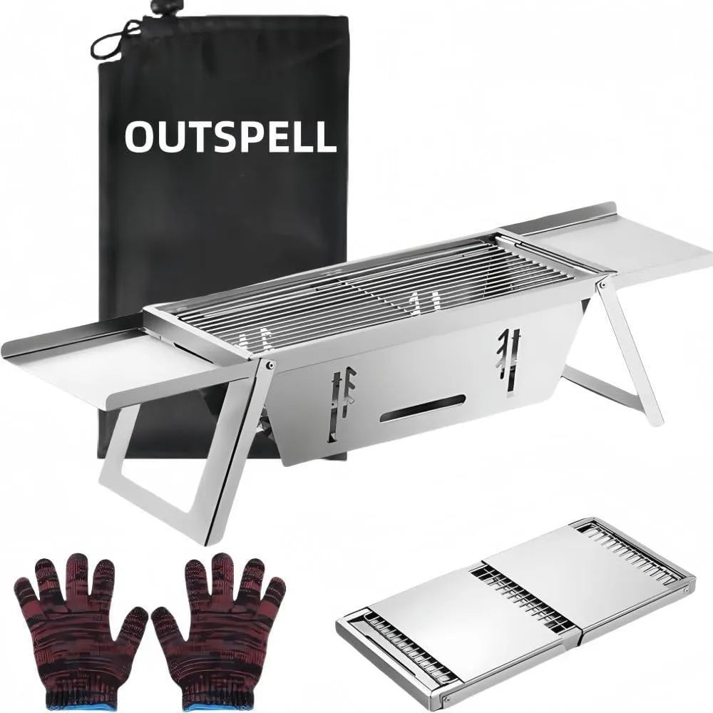 Small portable charcoal barbecue with foldable legs in a compact, folded position