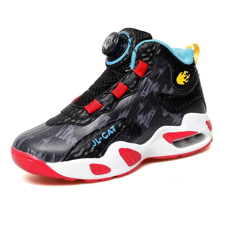 Children's rotating button basketball shoes in multiple colours with a synthetic leather upper and PU sole.