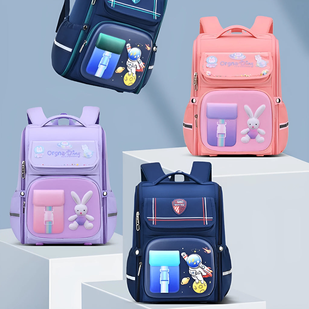 Children's large capacity backpack with airpillow straps and cartoon animal print in four colour options