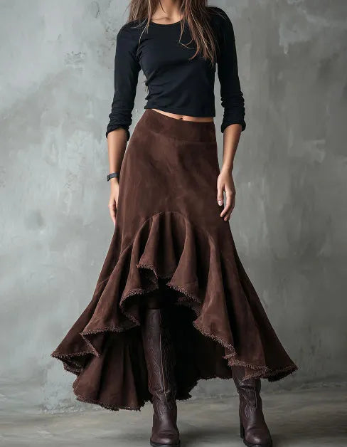 Brown Western-style maxi skirt with high-low hem and ruffle detailing