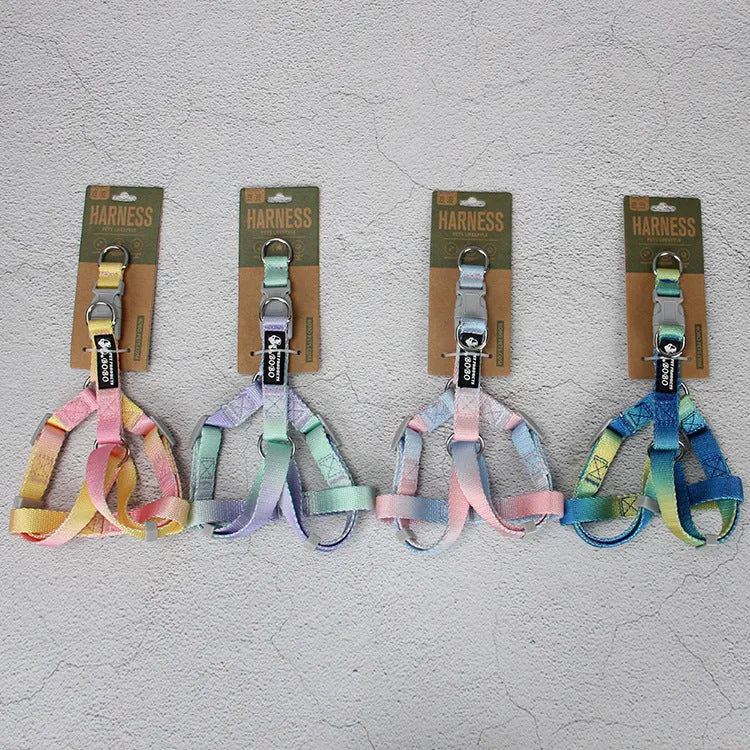 Gradient colour nylon dog lead and adjustable chest harness set in pink and yellow