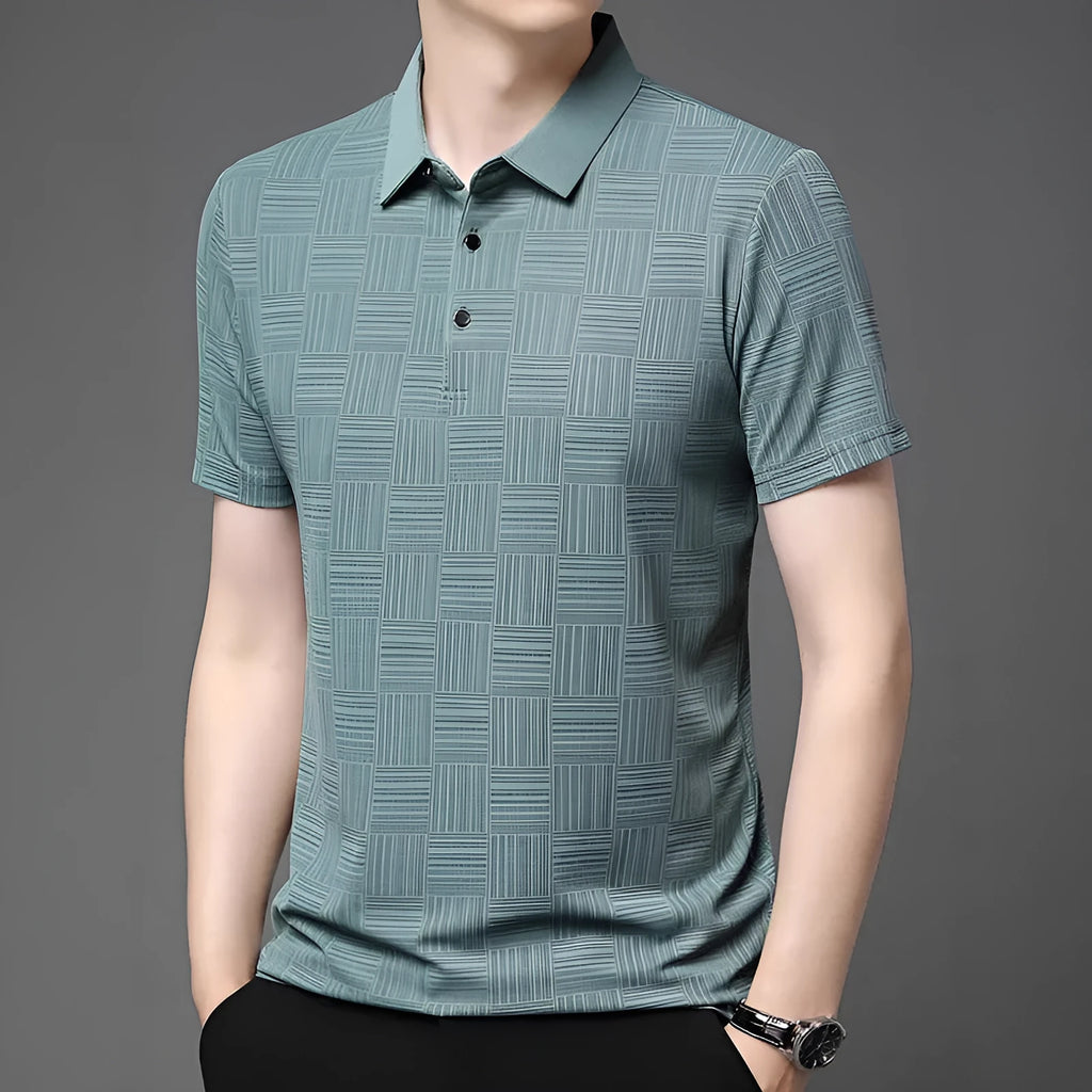 Men's slim fit lapel t-shirt in chemical fibre blend fabric showing lapel neckline detail