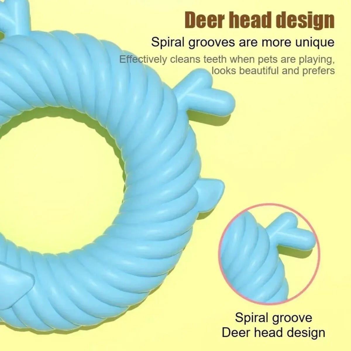 Deer-shaped dog chew toy with spiral grooves for teeth cleaning in light blue colour