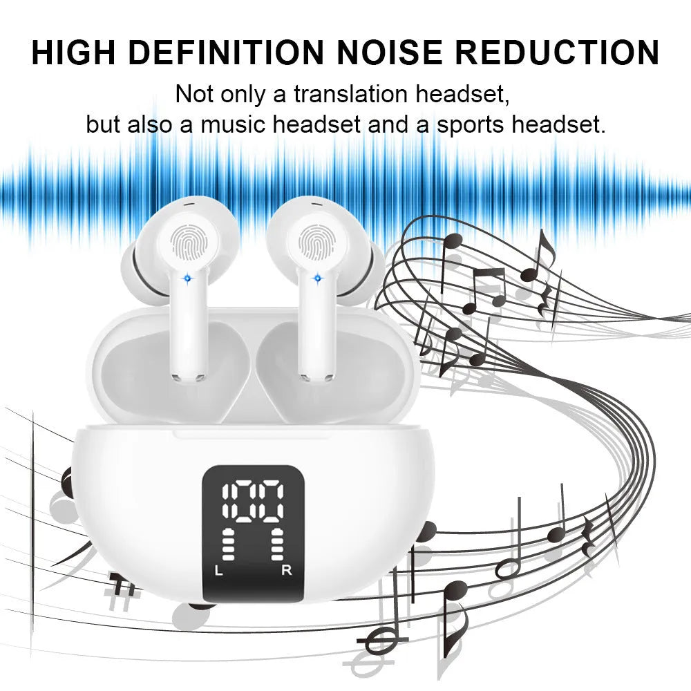 M10 TWS Bluetooth translation earbuds in white or black with touch control and 6.2 by 2.4 cm ABS body
