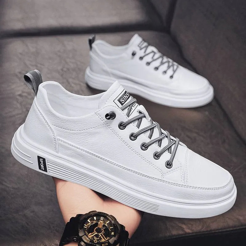 Men's casual white PU shoes with flat sole and round toe in beige, white, black colours
