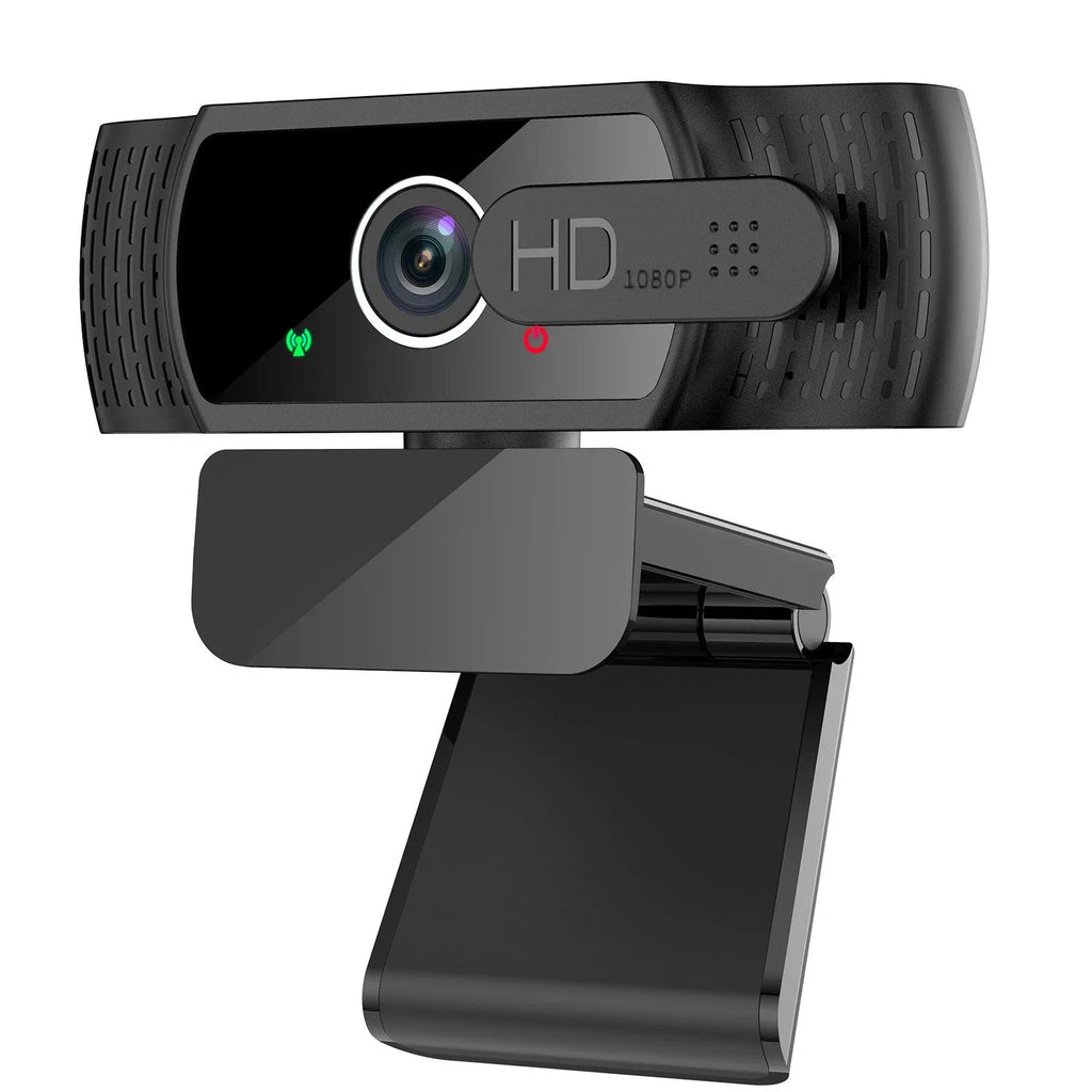 Black USB webcam with built-in microphone mounted on a laptop screen