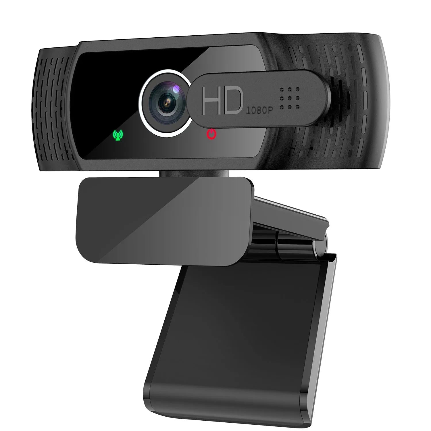 Black USB webcam with built-in microphone mounted on a laptop screen