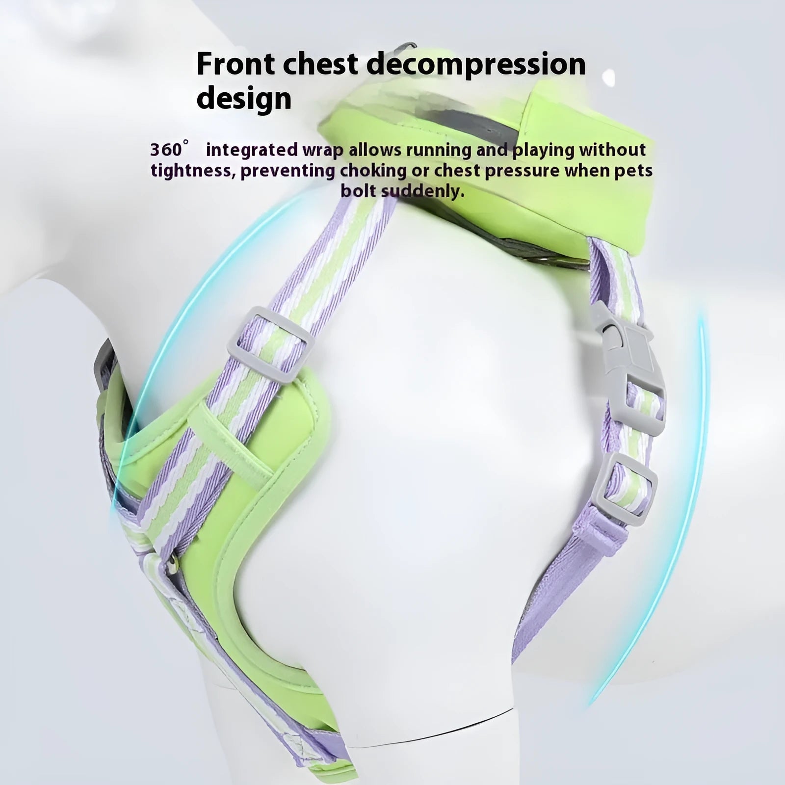 Explosion-proof anti-strangulation pet harness in Oxford cloth with attached traction rope.