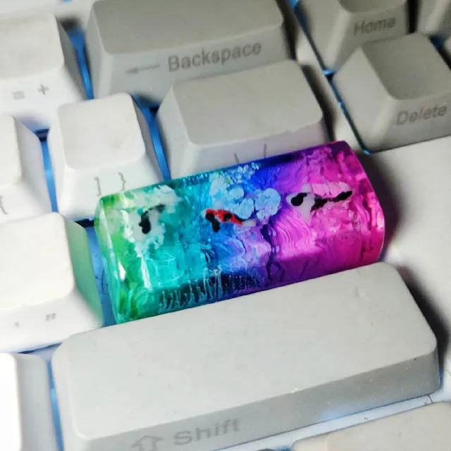 Clear resin keycap with koi fish and scenic pond design for Cherry MX mechanical keyboard