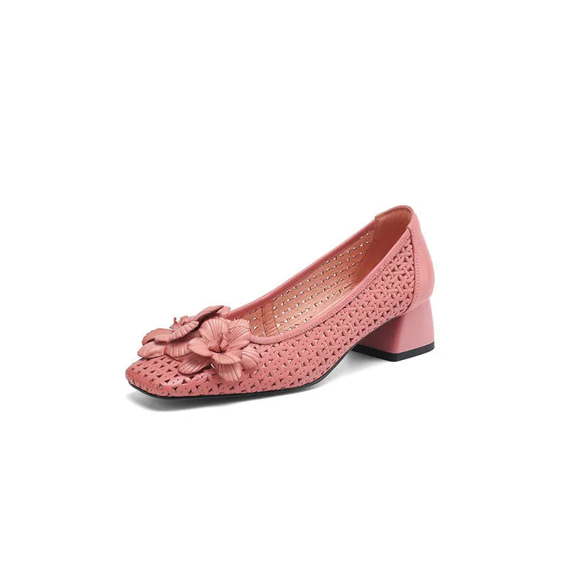 Women's light brown woven leather pumps with hollow pattern and mid-heel