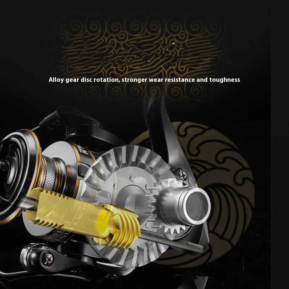 All-metal spinning fishing reel with EVA grip handle showing no-gap design for lure fishing