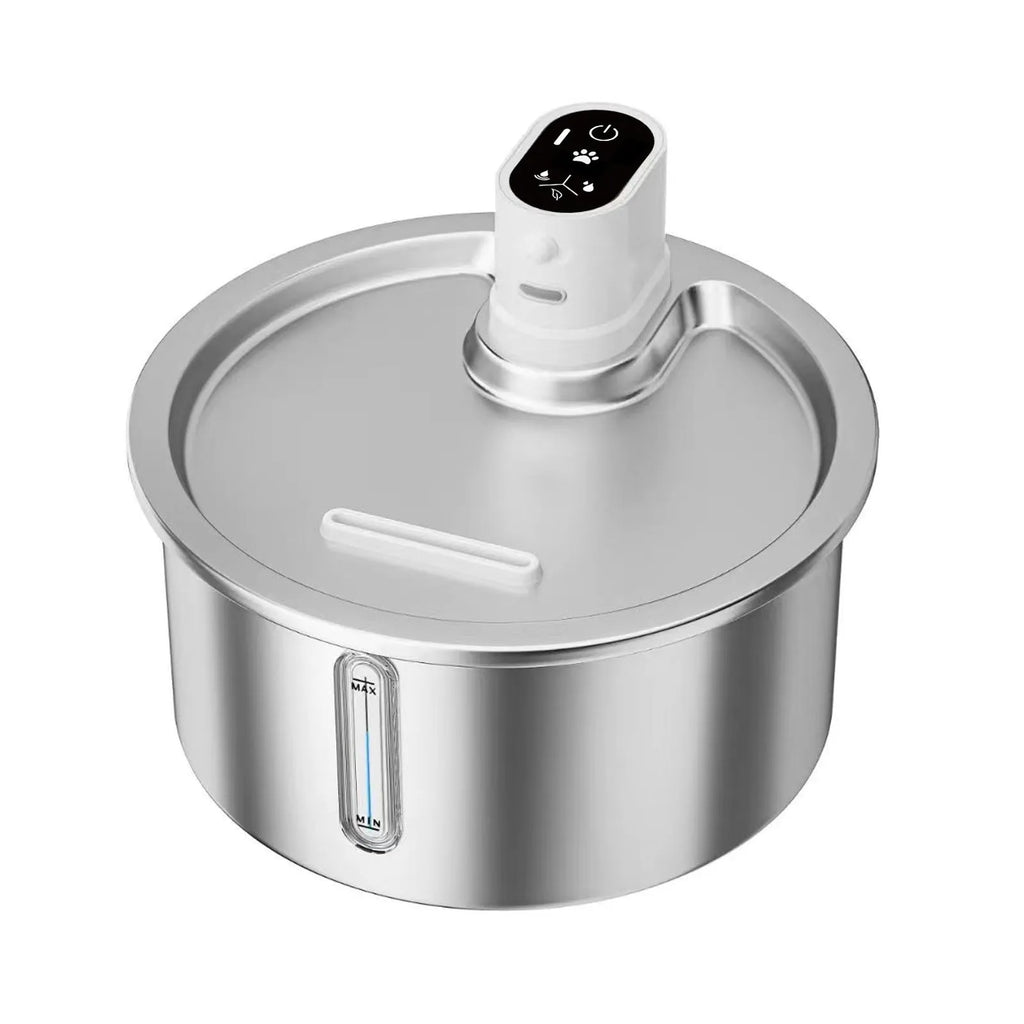 White cat water fountain with stainless steel dish and digital temperature control base on a wooden floor.