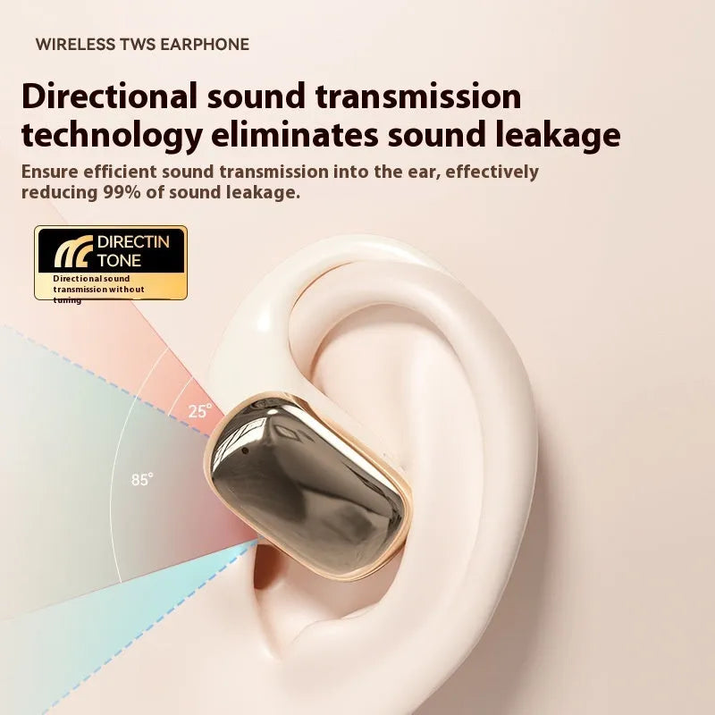 Creative design ear-mounted wireless headphones with a digital display screen on the earpiece.