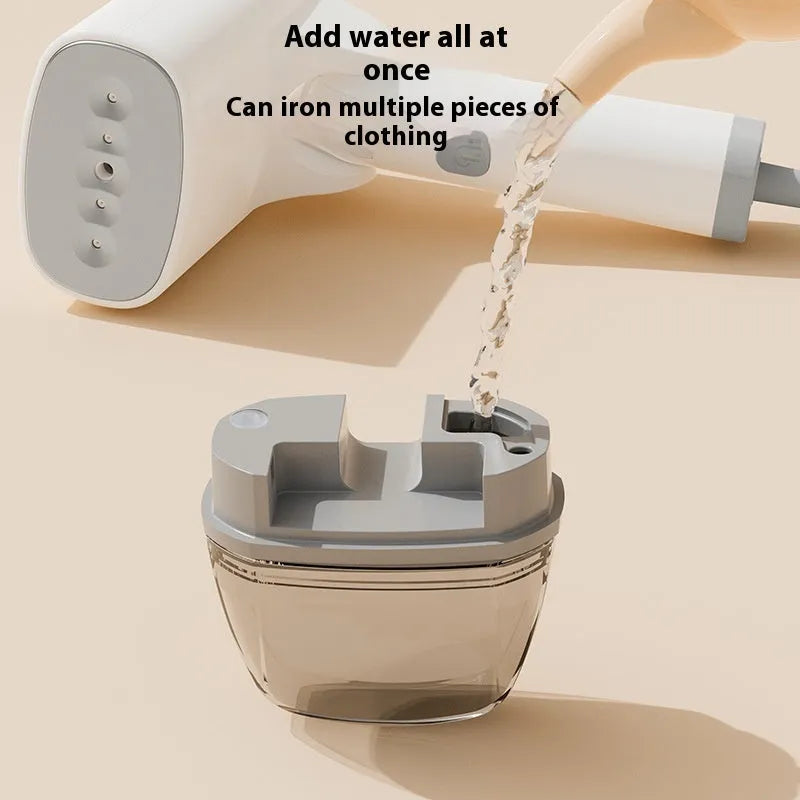 Blue and white handheld garment steamer with power cord and water tank.