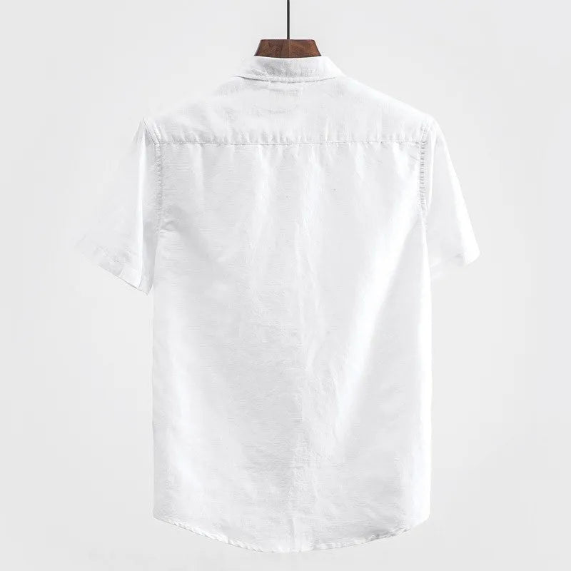 Men's square collar linen short sleeve shirt in cotton blend fabric for summer casual wear