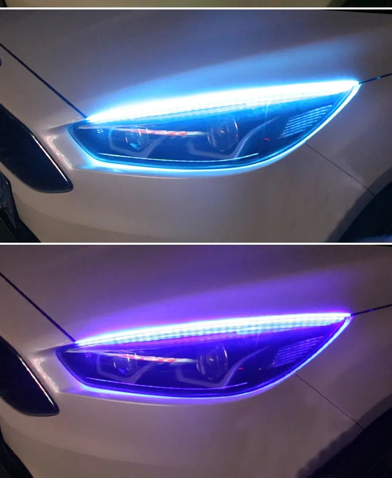 RGB colour-changing LED daytime running light strip with remote control in 30cm, 45cm, and 60cm sizes.