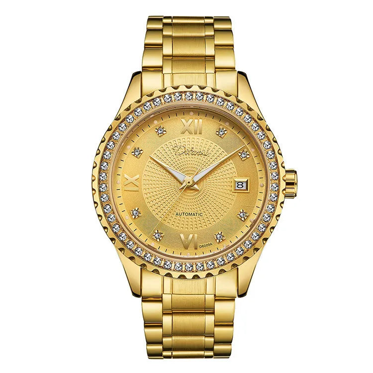 Fashionmonger gold automatic mechanical watch with black dial and luminous hands